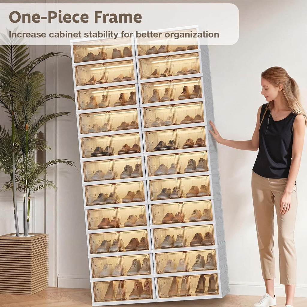 10-Tier Foldable Shoe Rack Organizer, 40 Pairs Stackable & Collapsible Shoe Cabinet with Transparent Doors & Leather Handles, Space-Saving Storage for Closet, Kitchen, Cabinet (No Boots Tier)