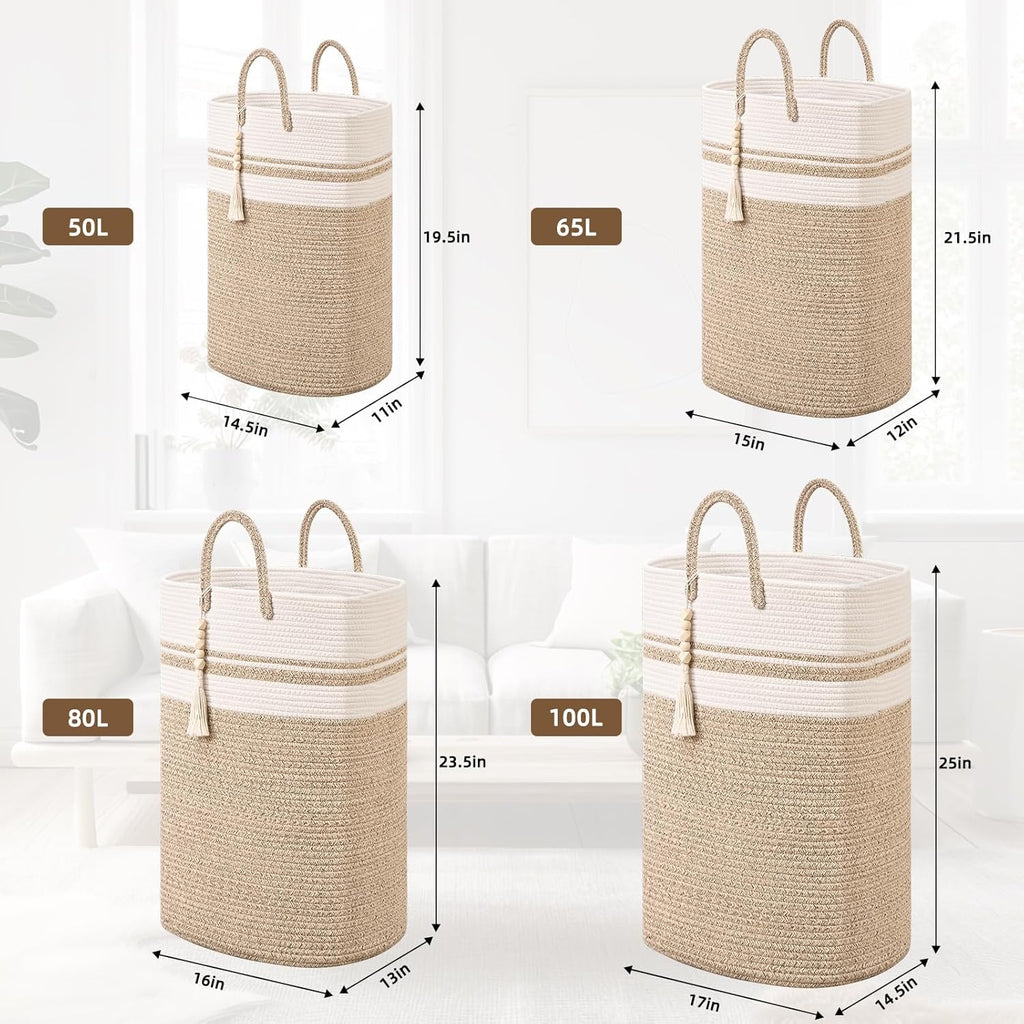Woven Laundry Basket for Clothes, 80 L Large Rectangle Laundry Hampers with Beads Tassel, Nursery Storage Basket for Toys, Tall Dirty Clothes Hamper for Bedroom Aesthetic, Laundry Room Organization