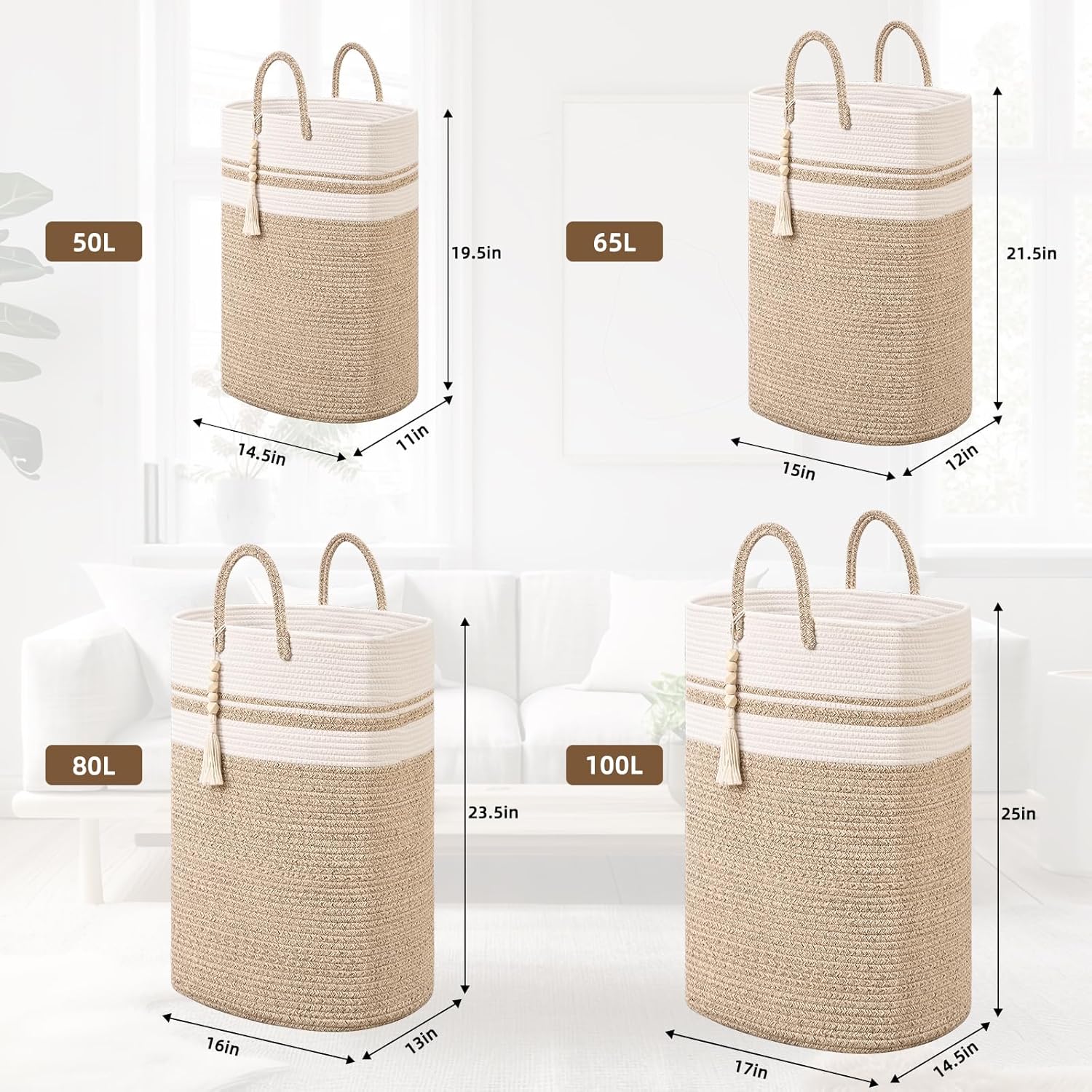 Woven Laundry Basket for Clothes, 80 L Large Rectangle Laundry Hampers with Beads Tassel, Nursery Storage Basket for Toys, Tall Dirty Clothes Hamper for Bedroom Aesthetic, Laundry Room Organization