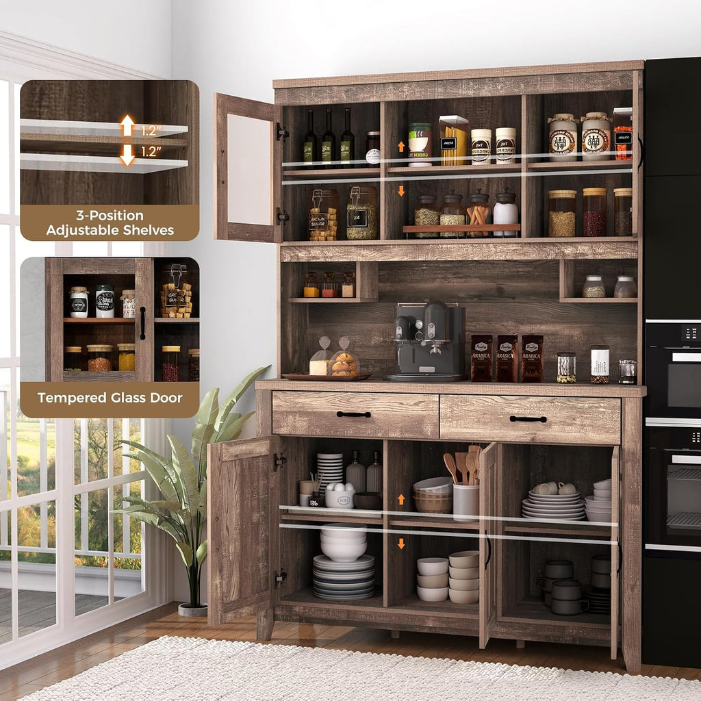 78.5" Tall Kitchen Hutch Storage Cabinet, Large Buffet Cupboard with Glass Doors, Drawers, Adjustable Shelves, Wooden Kitchen Pantry Cabinet with Microwave Shelf for Home Coffee Bar