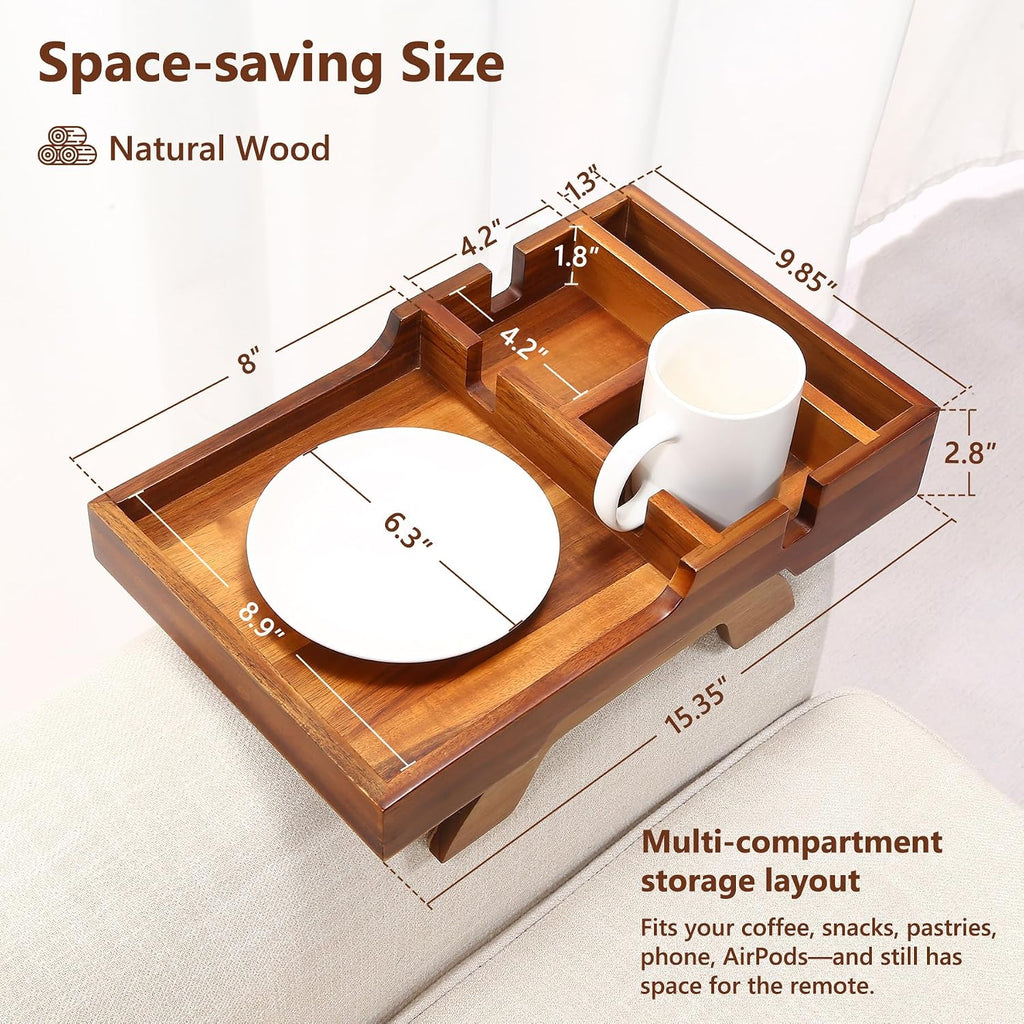 Couch Arm Table with Dual Cup Holders, Acacia Wood Sofa Arm Tray | Fits armless sofas & sectionals, foldable tray for drinks, snacks & remotes, storage slots for neat organization,15.35"x9.85"
