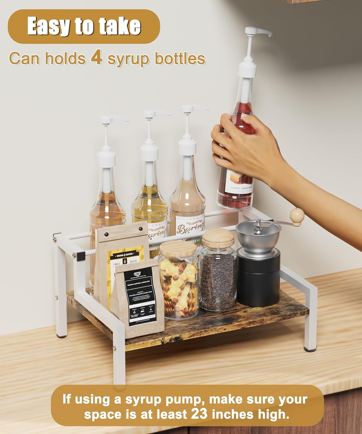 Coffee Syrup Rack Organizer for Countertop, 4 Syrup Bottles Holder Stand for Tabletop, Bar Organizer for Coffee Supplies, Wine Storage Rack for Home Bar, Kitchen, Café Shop, White