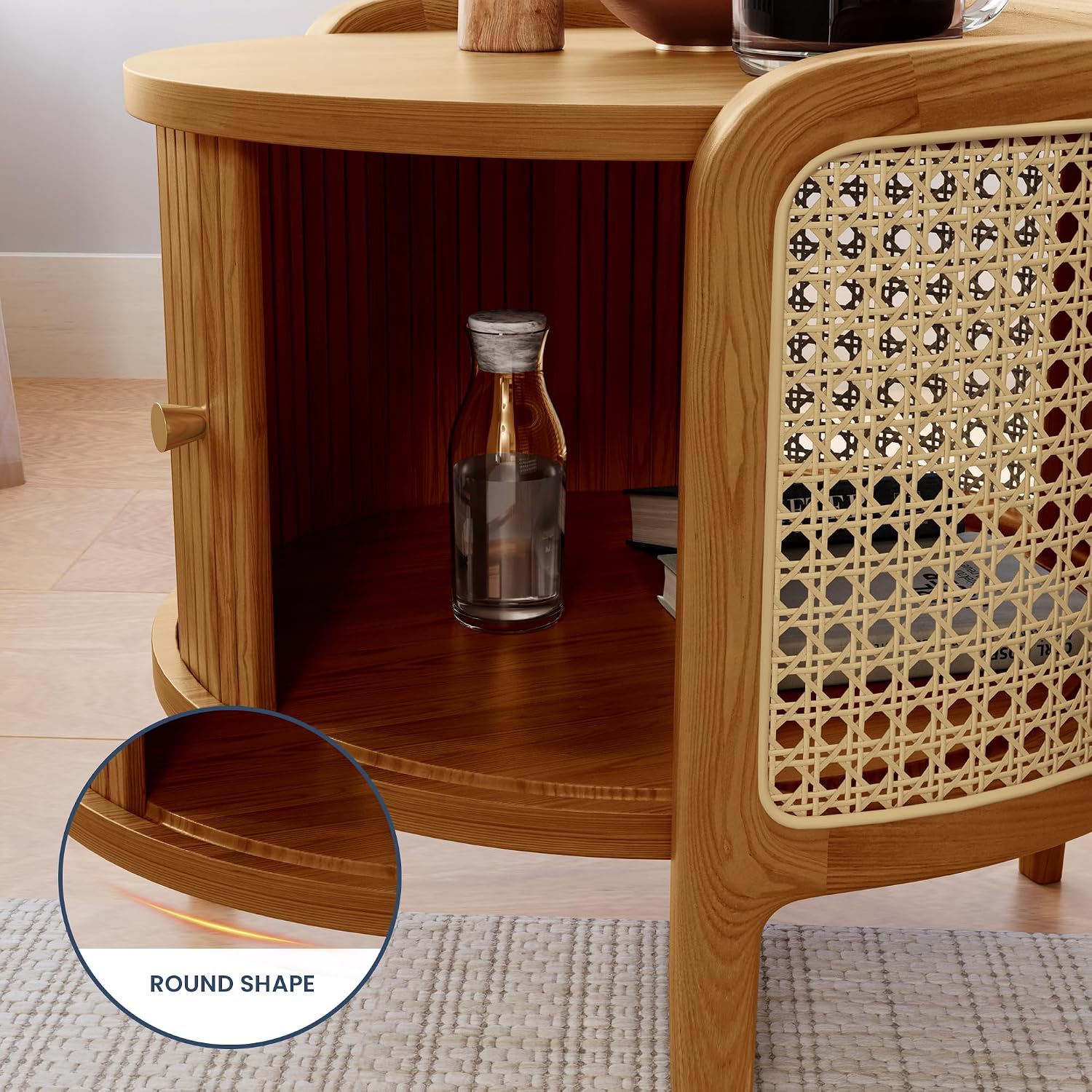 POVISON Rattan Side Table, Table with Roller Door & Woven Rattan, 19.69" Round End Table with Storage, Nightstand Beside Table Drink Table Sofa Table for Home,Walunt