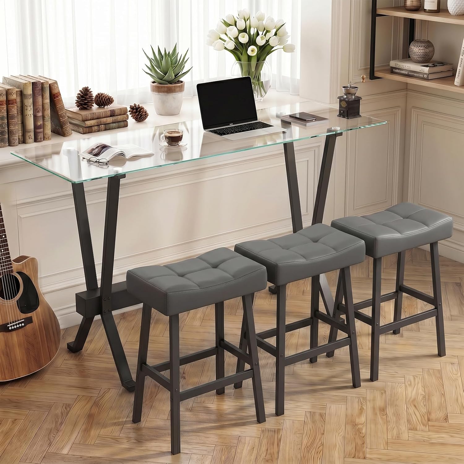 59" 4-Piece Bar Table Set, Behind Couch Sofa Table Set with Tempered Glass Top and 3 PU Stools, Counter Height Table Set for Living Room, Dining Room(Clear Glass/Gray)