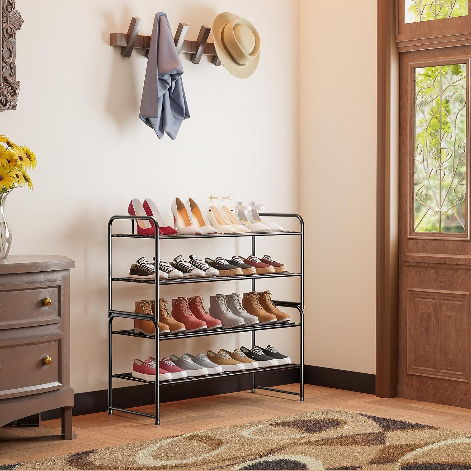 2 Pack Shoe Rack, 2-Tier Metal Stackable Shoe Shelf Storage Organizer, Heavy Duty Wire Shoe Stand for Entryway, Closet, Hallway, Holds 50 LBS, Black