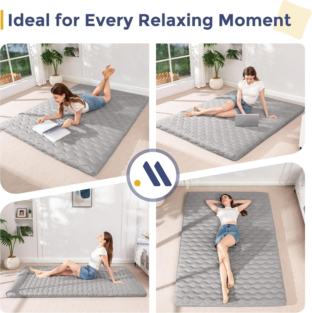 MAXYOYO Japanese Floor Futon Mattress Full Size, 3" Thicken Tatami Sleeping Pad Foldable Roll Up Mattress, Portable Floor Mattress Pad for Adults, Guest Room, Camping, Grey