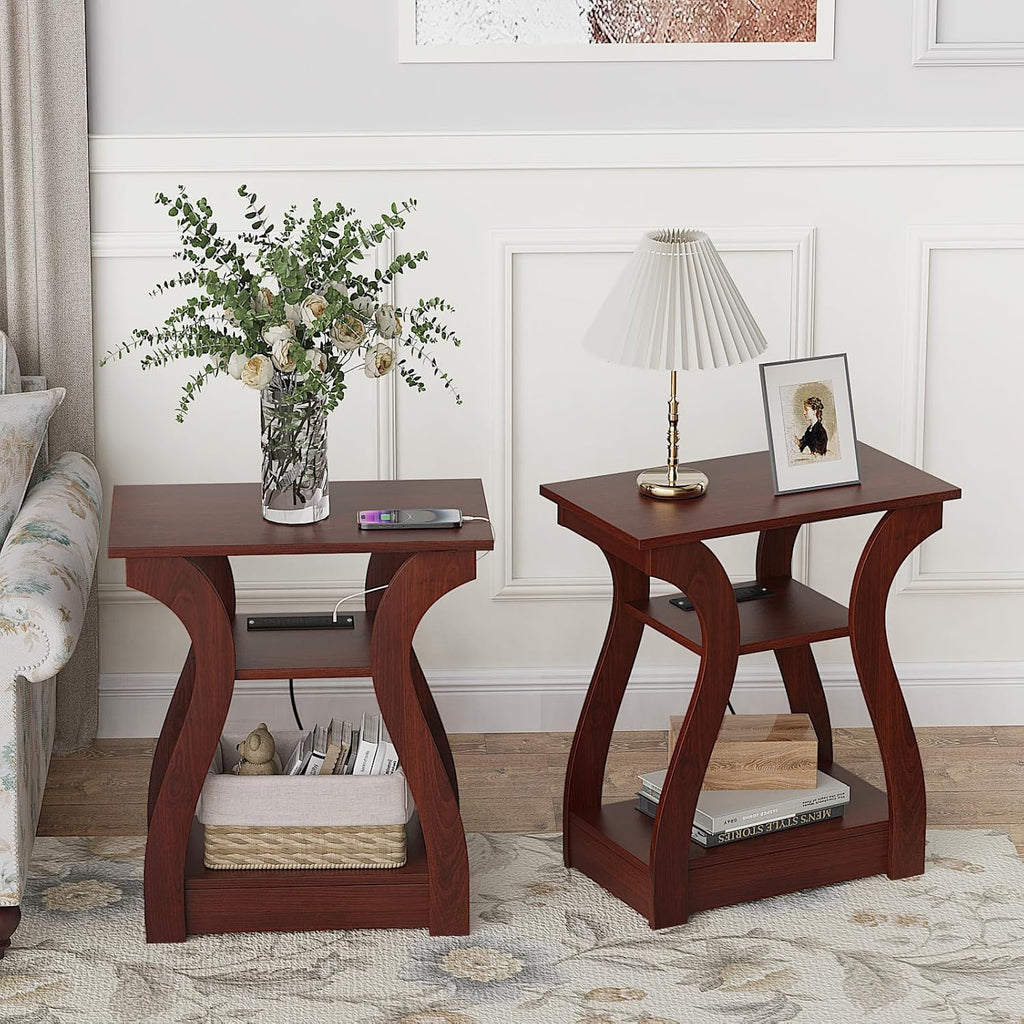 FROMJBEST End Table with Charging Station, Side Table with USB Ports and Outlets, 3 Tier Nightstand Sofa Table for Small Spaces, Beside Table with Storage Shelf for Living Room, Bedroom, Cherry