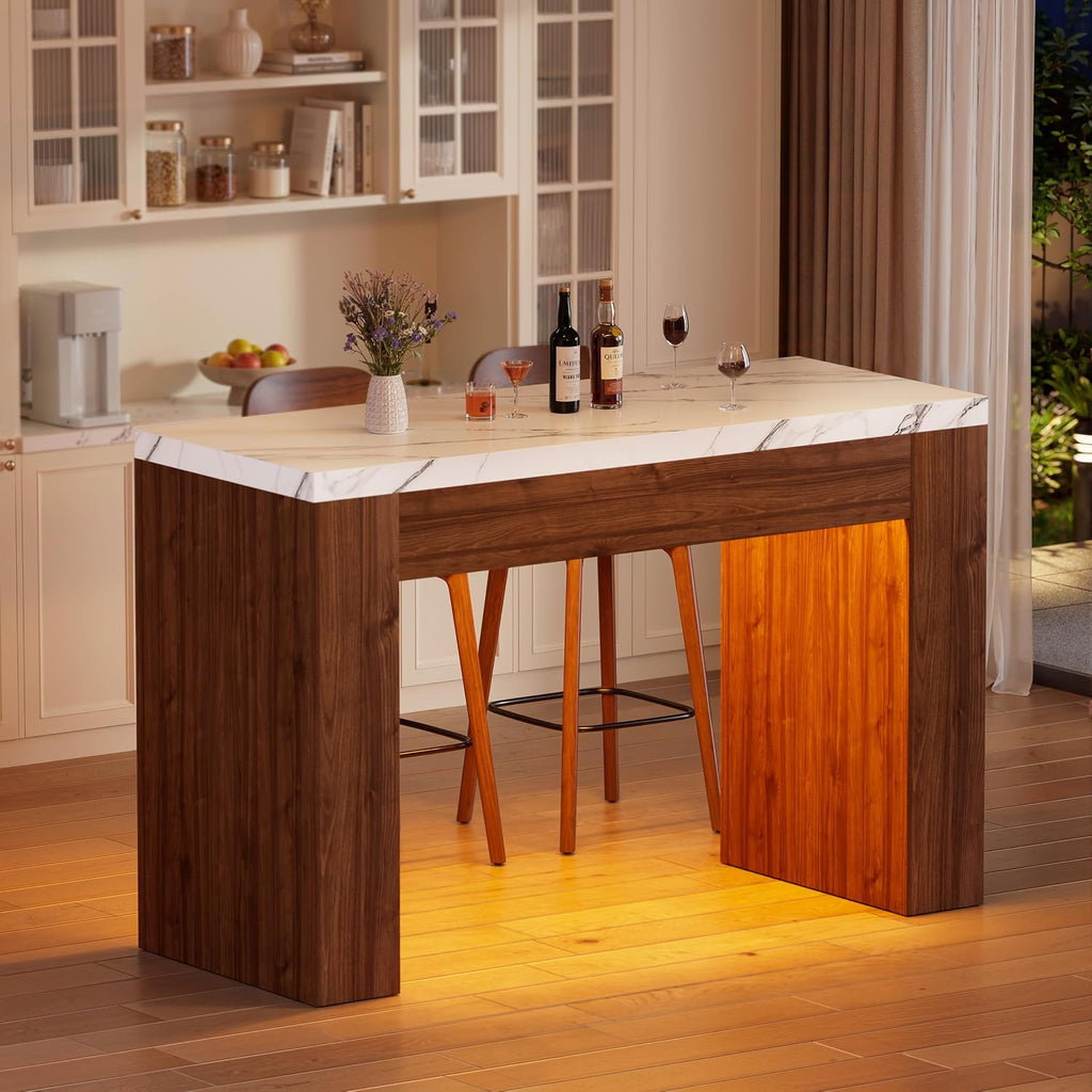 PAKASEPT 55" LED Bar Table with Smart RGB Lights,Faux Marble Counter Height Pub Dining Table,High Top Kitchen Island Table with Music Sync & Timer for Parties, Gatherings & Daily Use,White & Brown