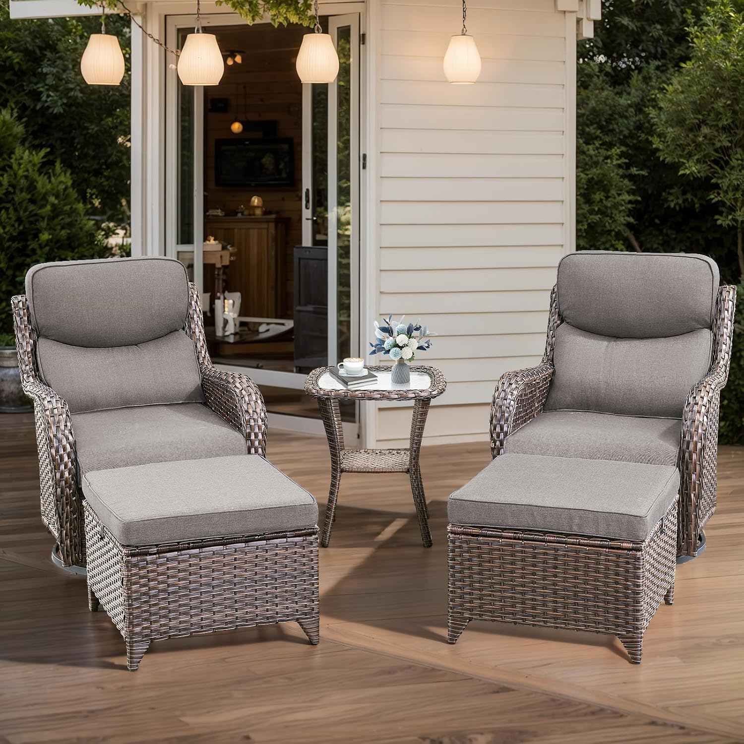 HUMMUH Wicker Patio Furniture High Back Swivel Rocker Patio Chairs Outdoor Bistro Set with Ottomans Side Table for Porch Garden Deck