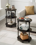 Small Round Side Table - 3 Tier Accent End Table for Narrow Spaces, Sturdy Metal Frame with Wood Finish and 44 Lbs Capacity per Shelf, Nightstand or Bedside Use for Living Room, Black
