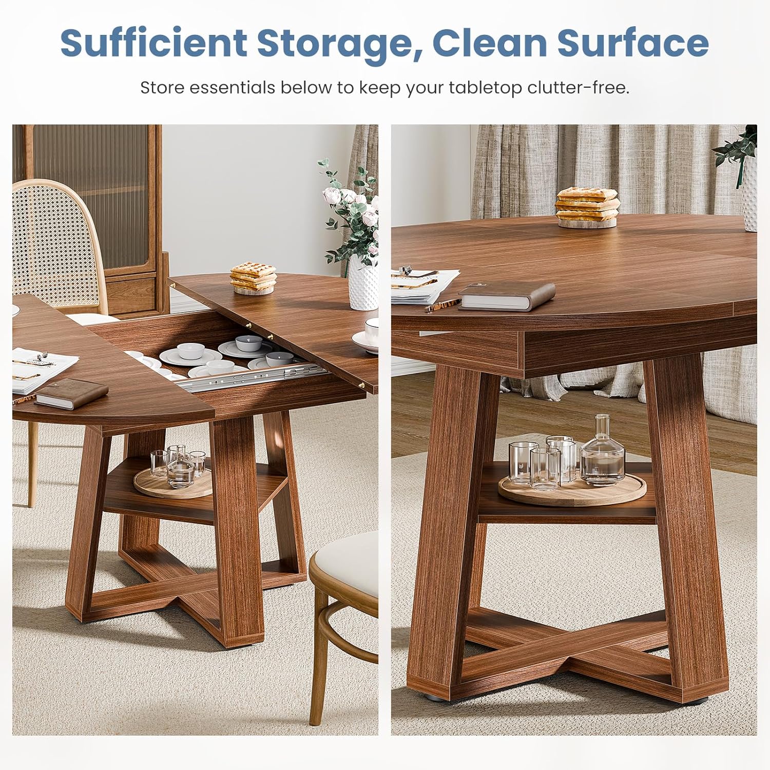 DUMOS Extendable Round Dining Table for 4-8, Modern Kitchen Oval Dinner Table with Storage Shelf, Wood Pedestal Table, Space Saving Modern Style, Brown