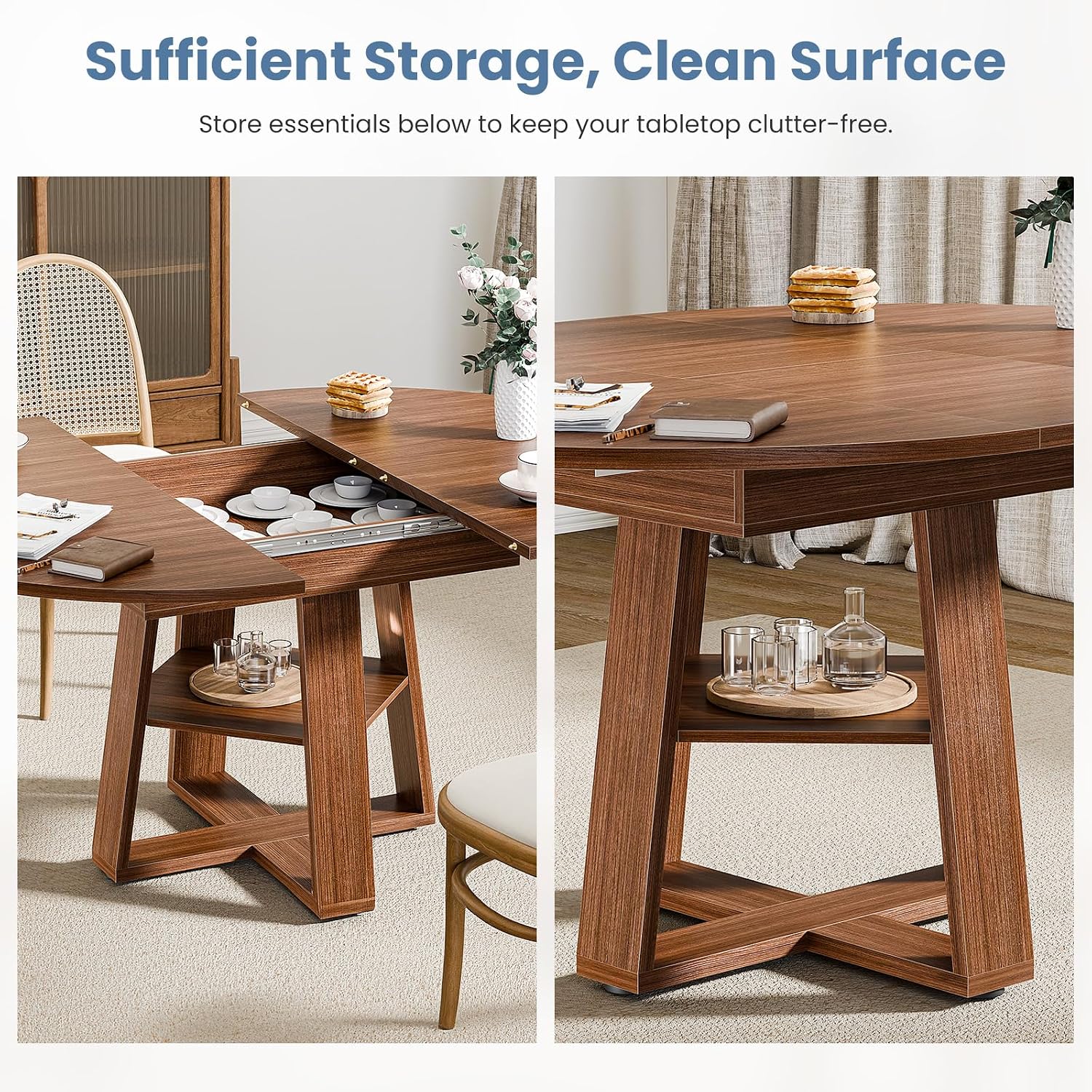 Extendable Round Dining Table for 4-8, Space Saving Kitchen Wooden Table with Storage Shelf and Sturdy Base for Kitchen, Dining, Living Room, Brown