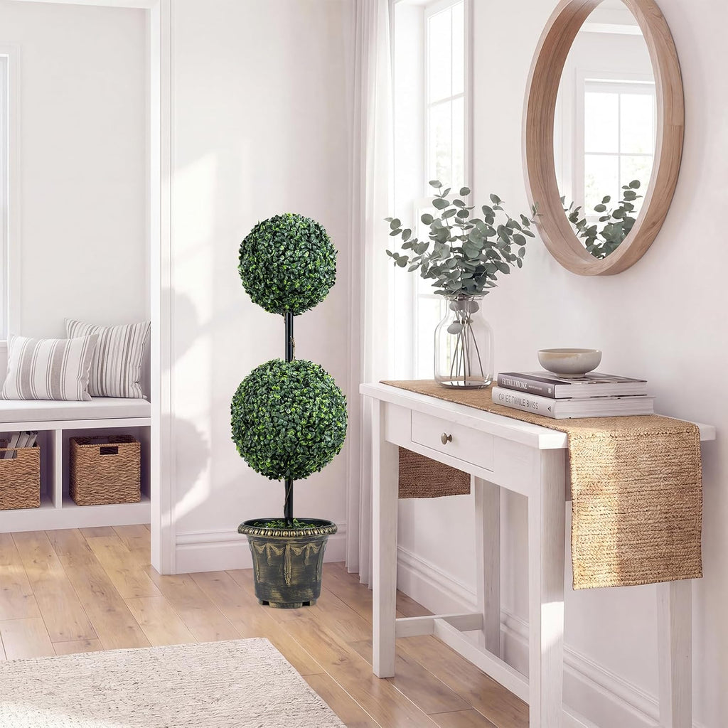 Goplus 3 FT Artificial Boxwood Topiary Tree, Sun-Protective Double Ball Faux Potted Plants, Greenery Indoor Outdoor Fake Plants Shrubs for Entryway Home Office Front Porch Decor (1)