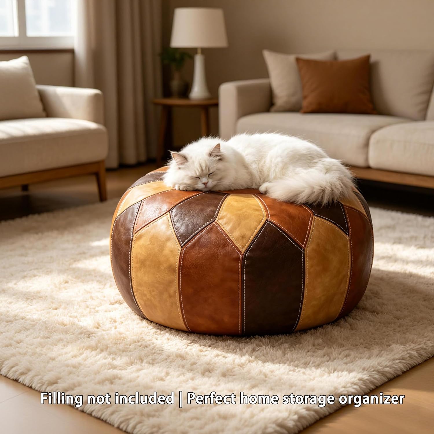 Thgonwid Unstuffed Moroccan Faux Leather Pouf Ottoman Cover with Storage - Boho Chic Multi-Use Footrest for Living Room, Bedroom, Patio - Round Ethnic Floor Cushion & Decorative Accent, Tricolor