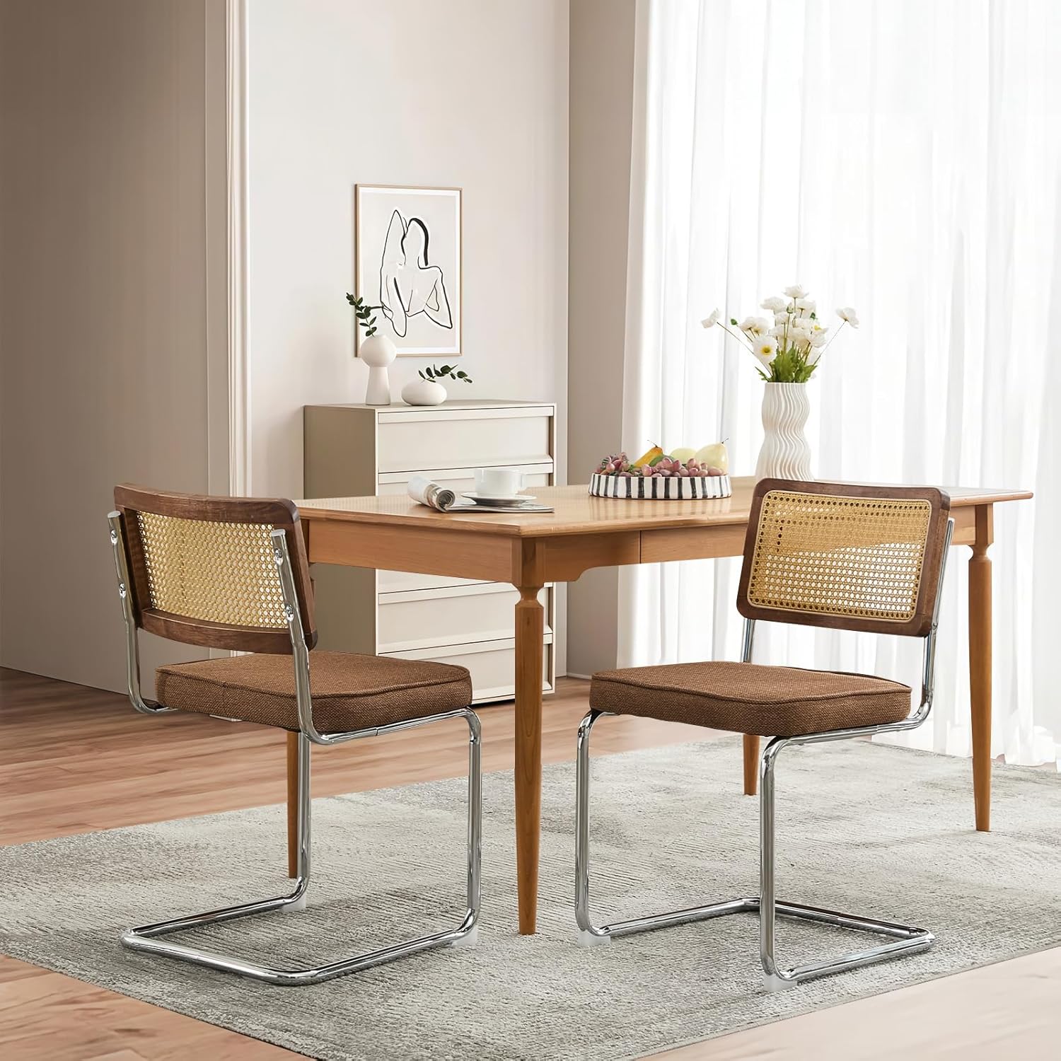 SoarFlash Linen Dining Chair Set of 2 Modern Upholstered Kitchen Chair with Walnut Rattan Cane Back, Stainless Chrome Base for Dining Room, Club(Coffee)