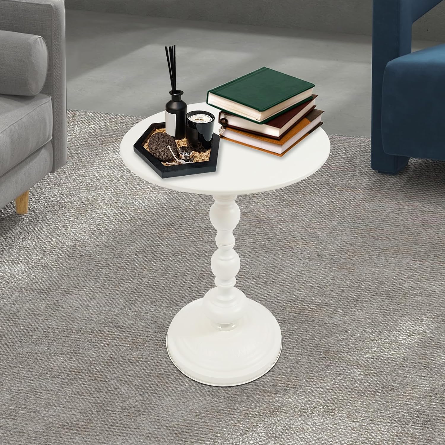 End Table, Vintage Metal Side Table, 15.7 x 20.5 Inch Sofa Round Side Table Nightstand Decorative Small Accent Pedestal Table for Living Rooms, Bedroom, Bars, Office, Corners (White)