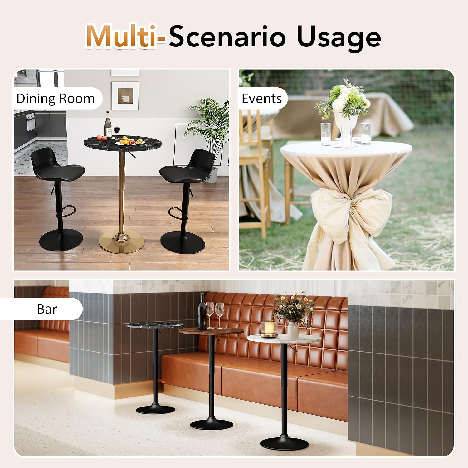 NOBPEINT Round Pub Table, Height Adjustable Bar Table, 360 Swivel Top, Cocktail Table with Black Metal Base for Bar, Bistro, Café, Full Black
