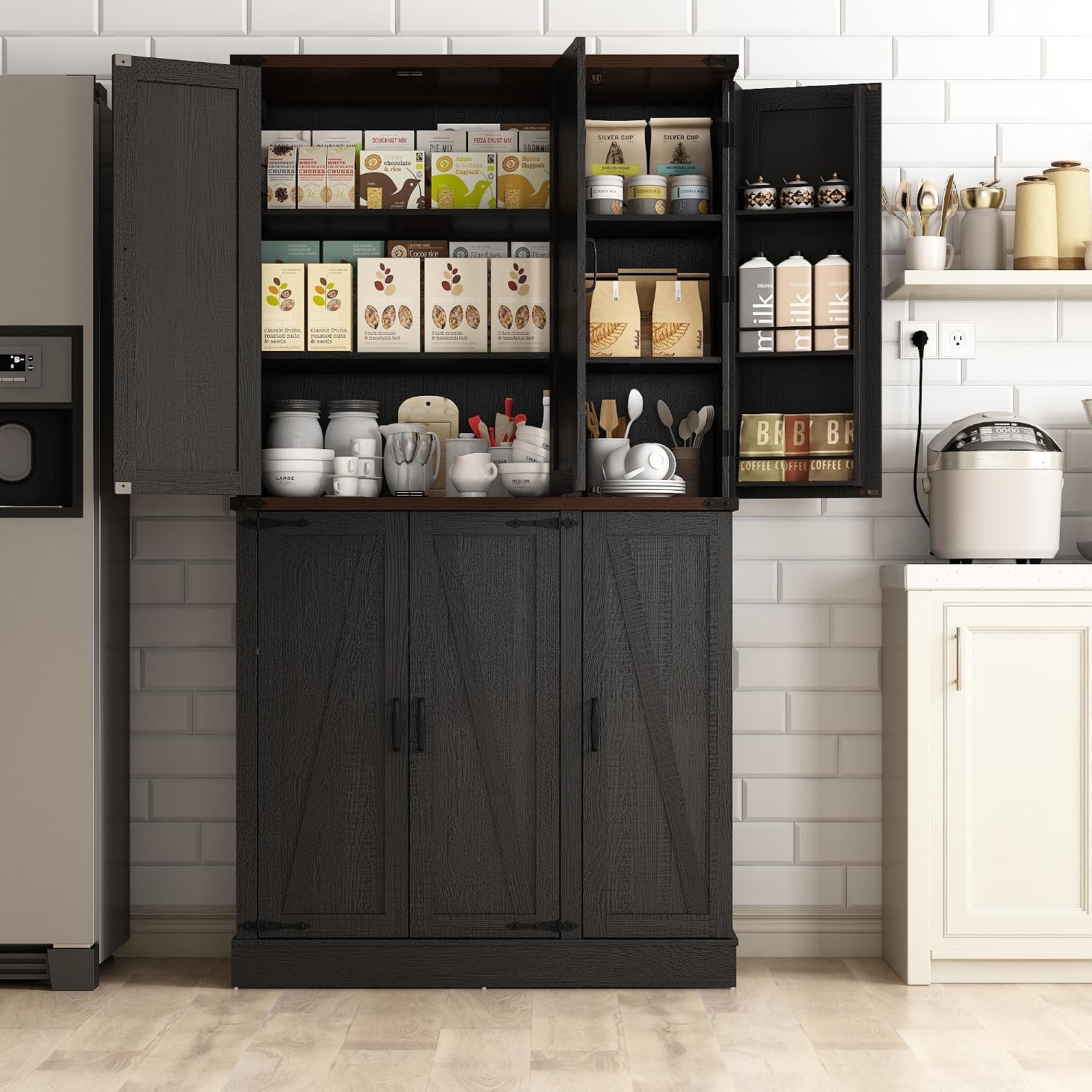 Hlivelood 71" Tall Kitchen Pantry,Farmhouse Storage Cabinet with Barn Doors,Organizer,Rustic Wood Cupboard,Farmhouse Pantry Cabinet for Kitchen,Dining Room,Living Room(Black)