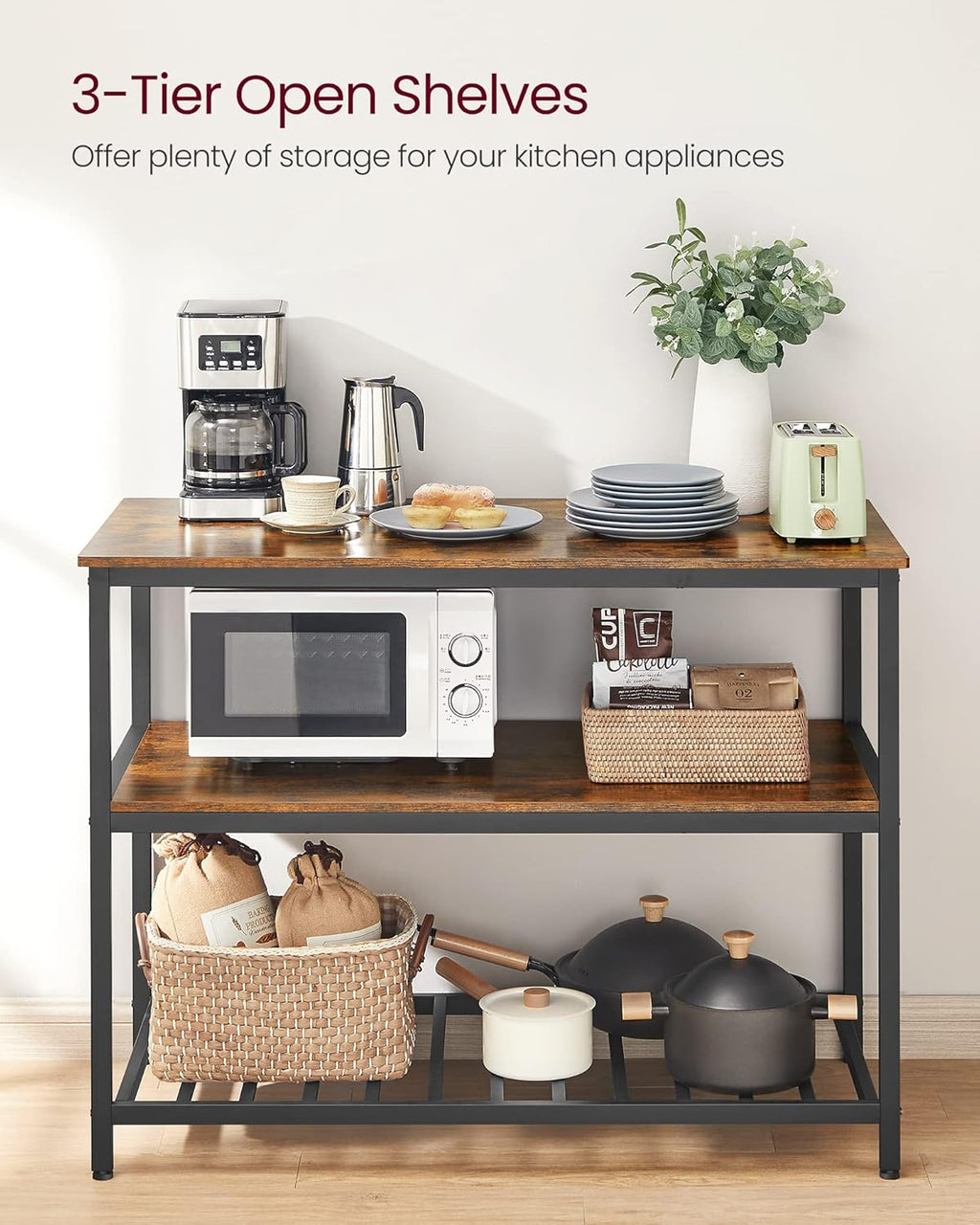 VASAGLE Kitchen Island with 3 Shelves, 47.2 Inches Width Kitchen Shelf with Large Worktop, Stable Steel Structure, Industrial, Easy to Assemble, Rustic Brown and Black UKKI01BX