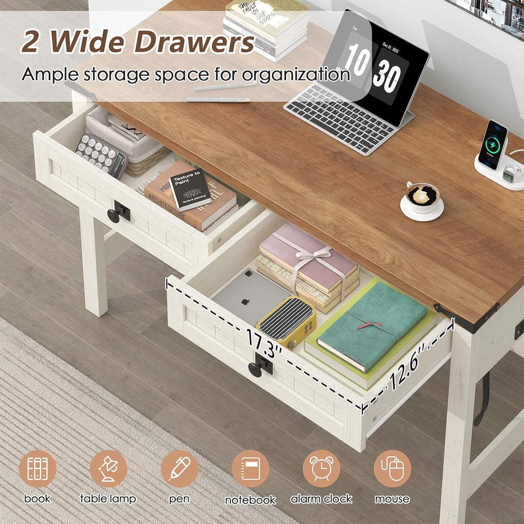 YOMILUVE Farmhouse Computer Desk with 2 Drawers, 39 Inch Small Office Computer Desk with Power Outlets, Compact Writing Study Desk for Small Spaces, Antique White