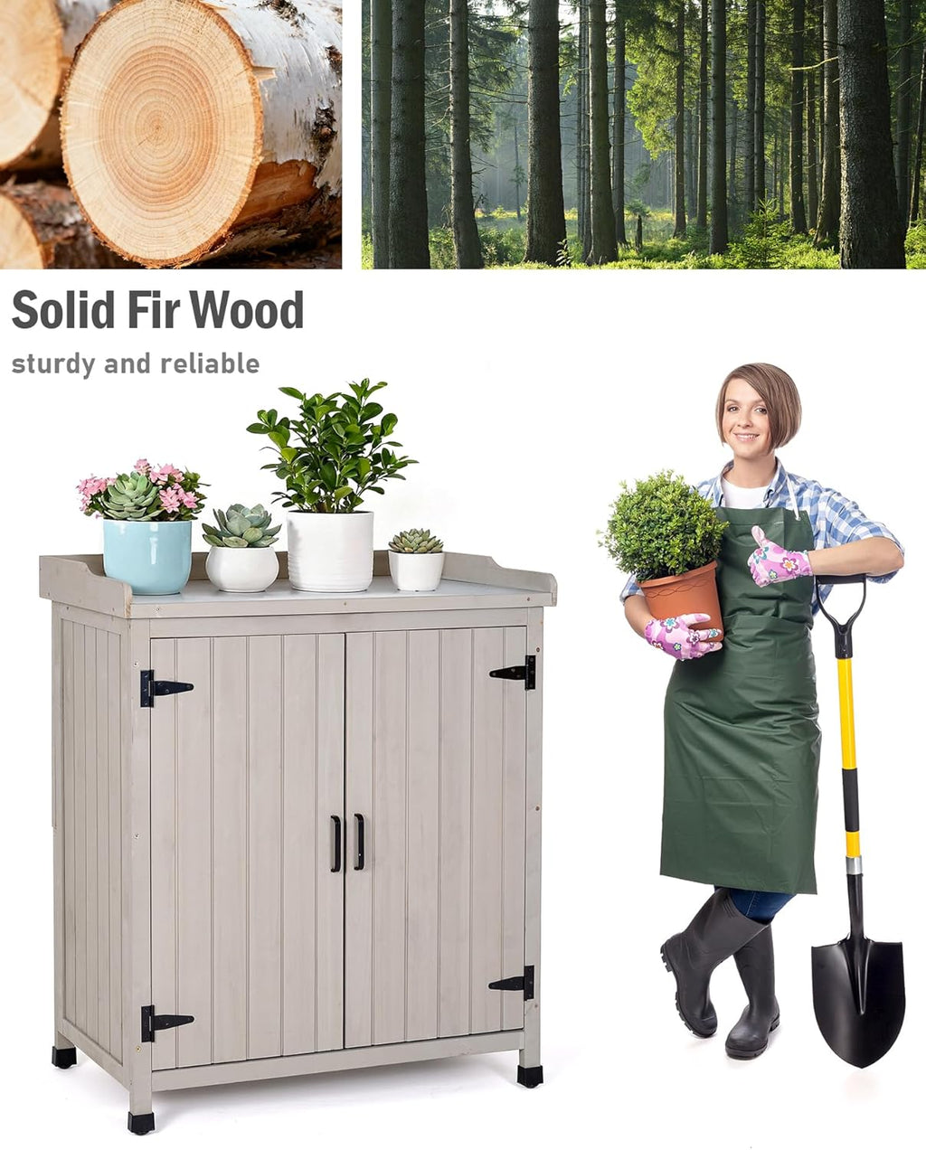 Outdoor Storage Cabinet with Metal Work Top|Waterproof Wooden Potting Bench|Spacious Patio Cabinet with Raised Side Rail for Garden Tools, Backyard,Lawn Gardening|Gray Outdoor Cabinet