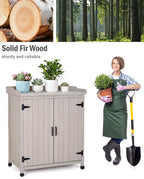 Outdoor Storage Cabinet with Metal Work Top|Waterproof Wooden Potting Bench|Spacious Patio Cabinet with Raised Side Rail for Garden Tools, Backyard,Lawn Gardening|Gray Outdoor Cabinet