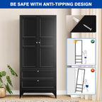 BYNSOE 71" Tall Metal Wardrobe Closet with 2 Drawers, Steel Armoire Cabinet with Hanging Rod and Adjustable Shelves, Freestanding Clothes Storage Organizer for Bedroom(Black, with 2 Drawers)