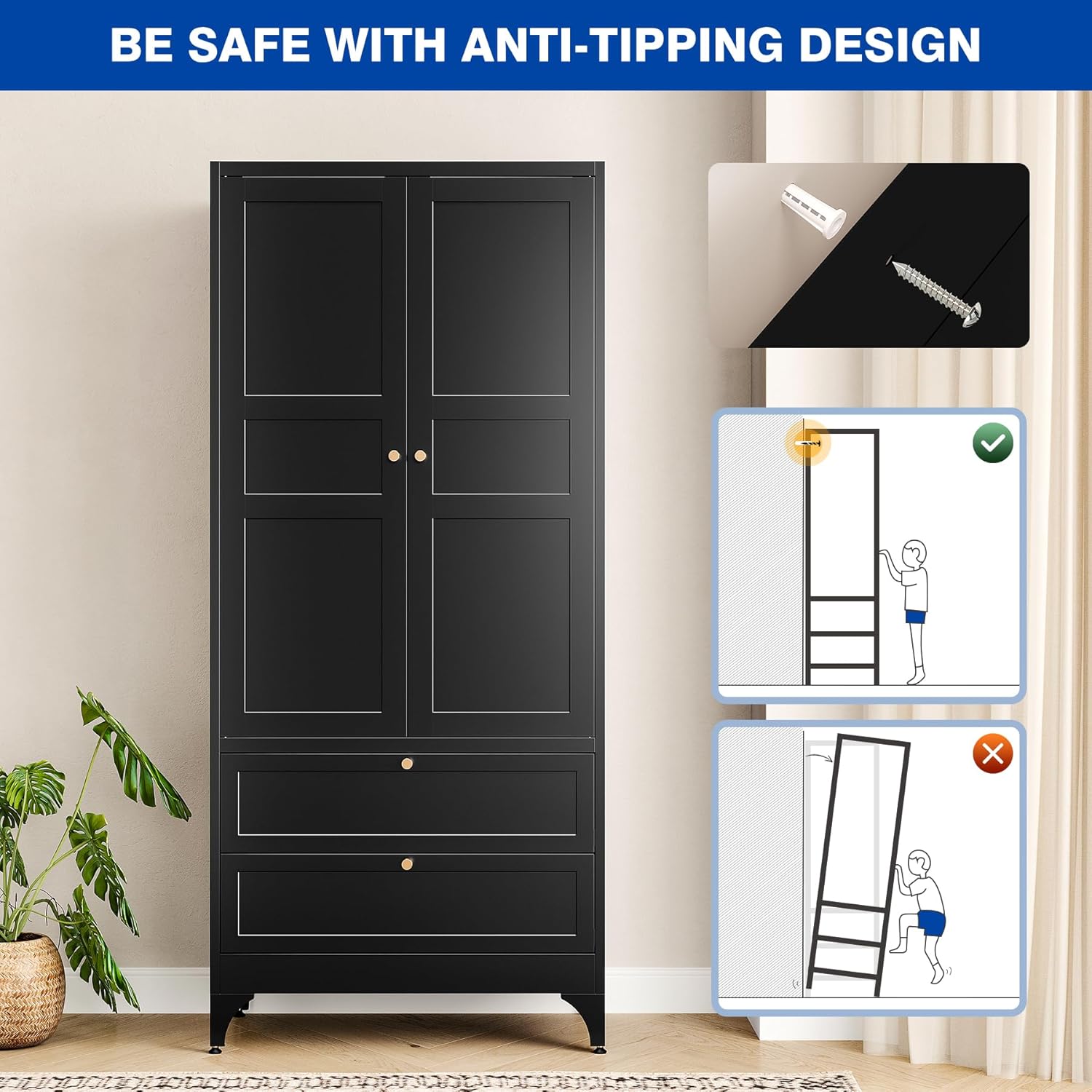 BYNSOE 71" Tall Metal Wardrobe Closet with 2 Drawers, Steel Armoire Cabinet with Hanging Rod and Adjustable Shelves, Freestanding Clothes Storage Organizer for Bedroom(Black, with 2 Drawers)