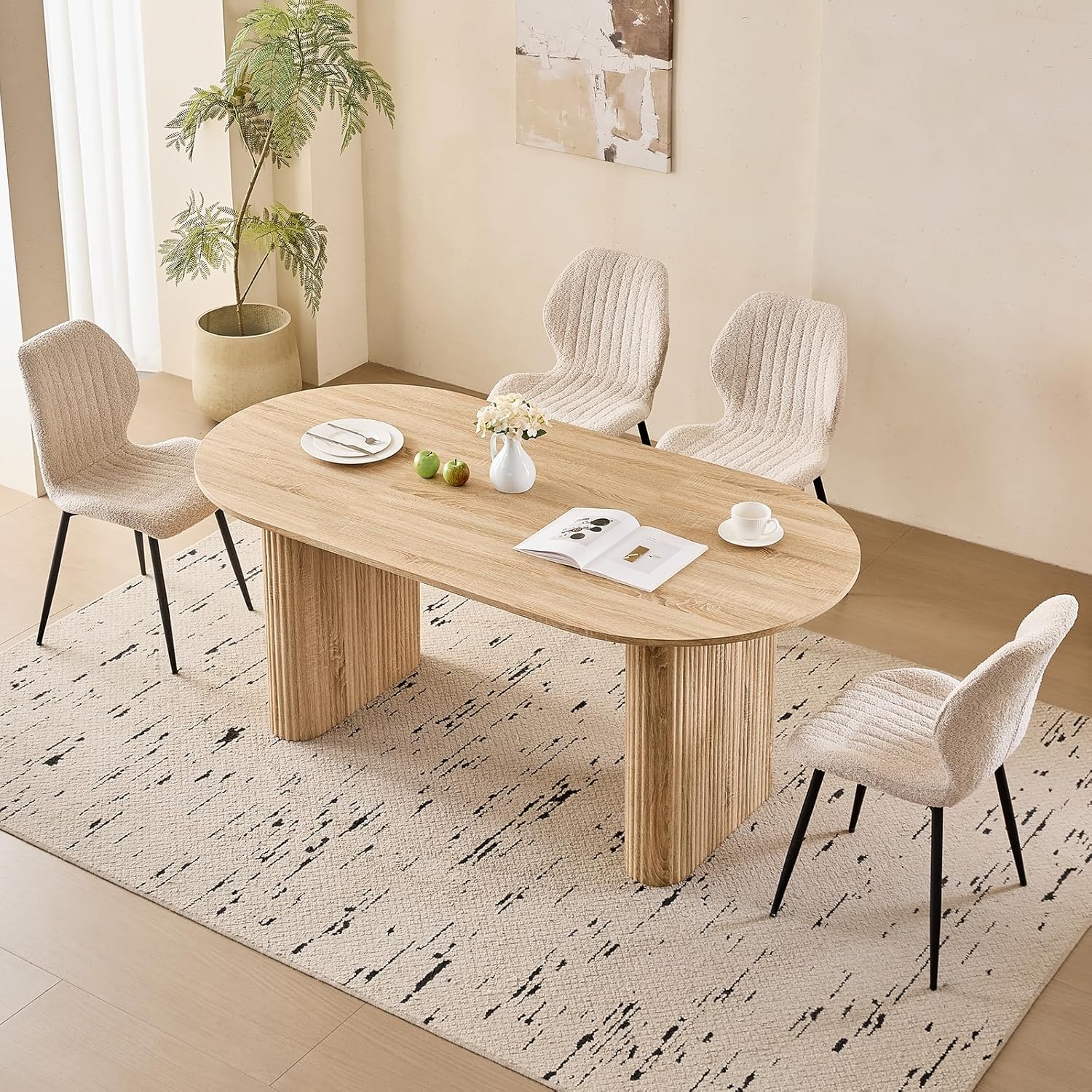 70.9" Large Dining Table Set for 4, [Rounded Edges] [Fully Assembled Table Base] Modern Wood Kitchen Dinner Table with 4 Boucle Chairs