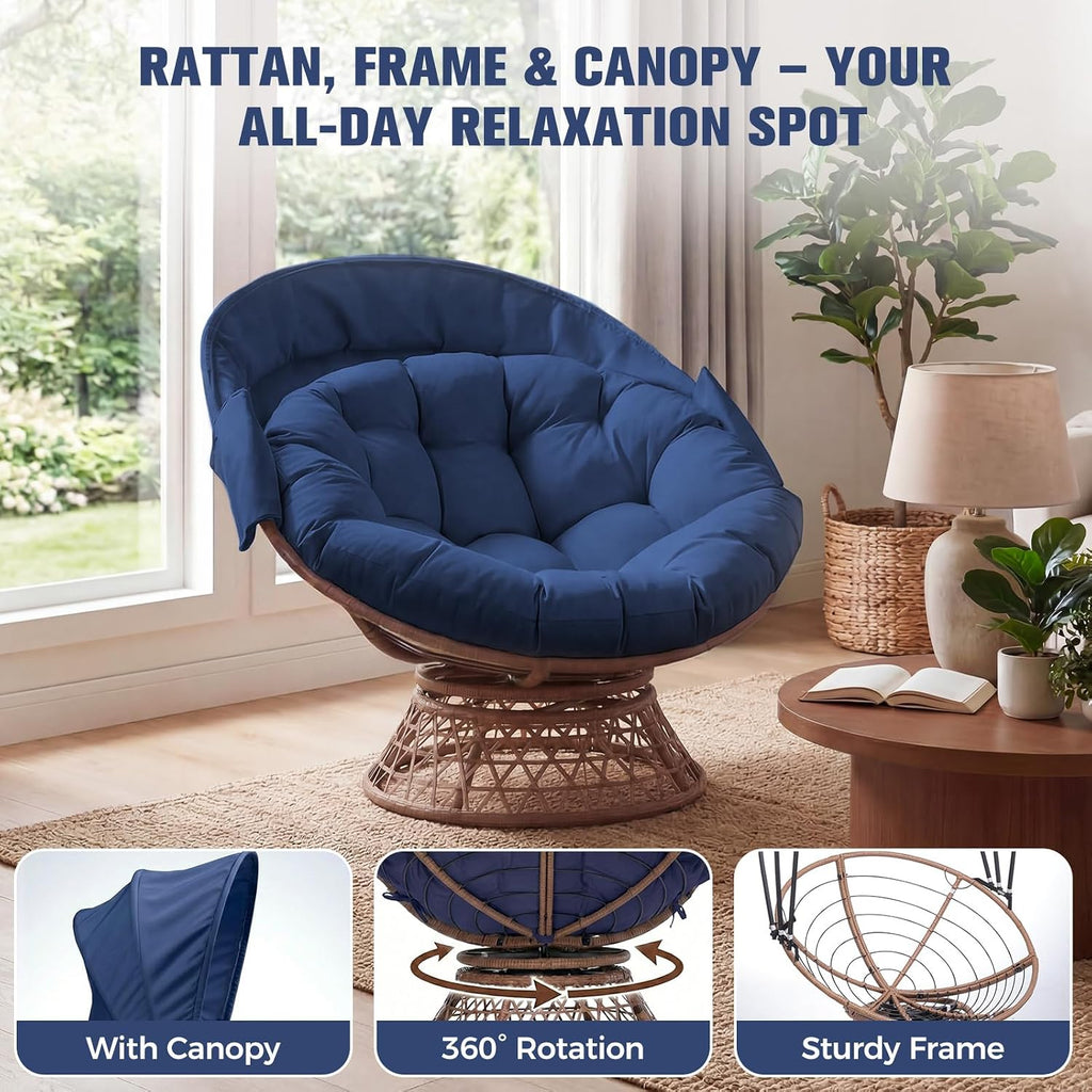 GTPLAYER Outdoor Wicker Egg Chair PE Rattan Chair with Cushion, Oversized Patio Lounge Chair with Canopy Papasan Chair 360° Swivel Base for Outdoor, Indoor, Balcony, Backyard, Garden, Blue