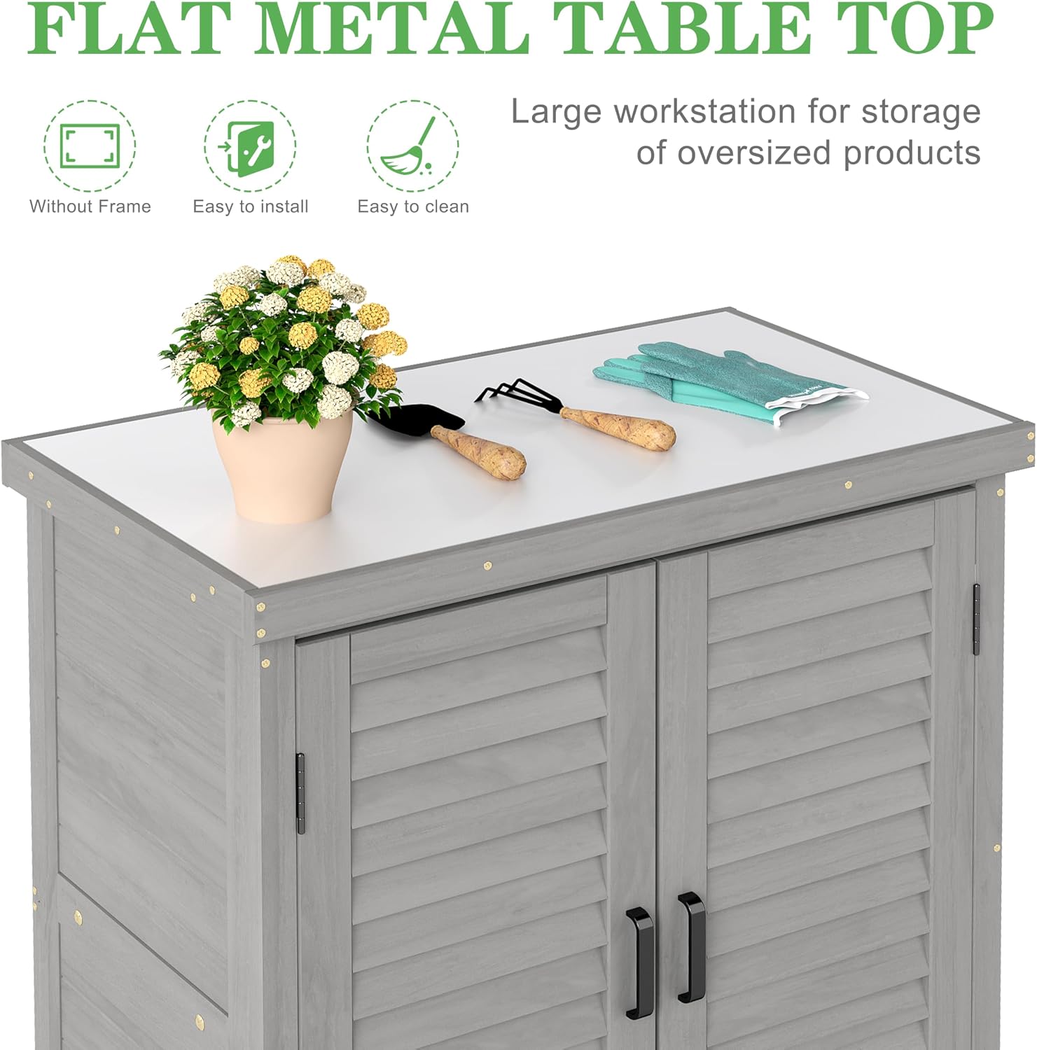 Outdoor Potting Bench with Storage Cabinet and Metal Top, Wood Workstation for Outdoor Patio, Garden (Light Grey, 31x17x36‘’)