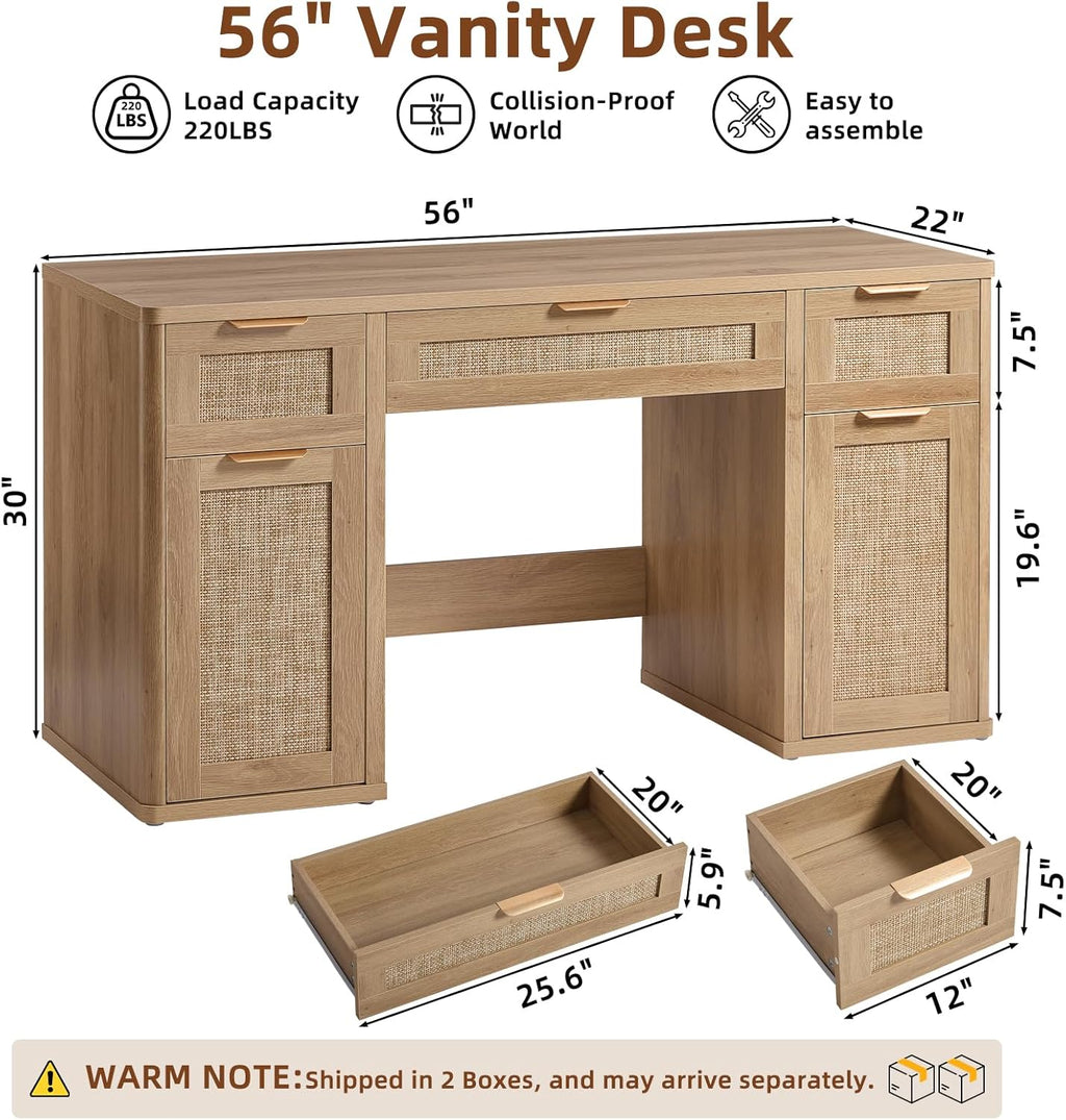 LEYAOYAO Office Desk 56" with 5 Drawers Storage File Cabinet Rattan Wood Desk for Computer Office Bedroom Home Furniture Natural