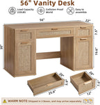 LEYAOYAO Office Desk 56" with 5 Drawers Storage File Cabinet Rattan Wood Desk for Computer Office Bedroom Home Furniture Natural