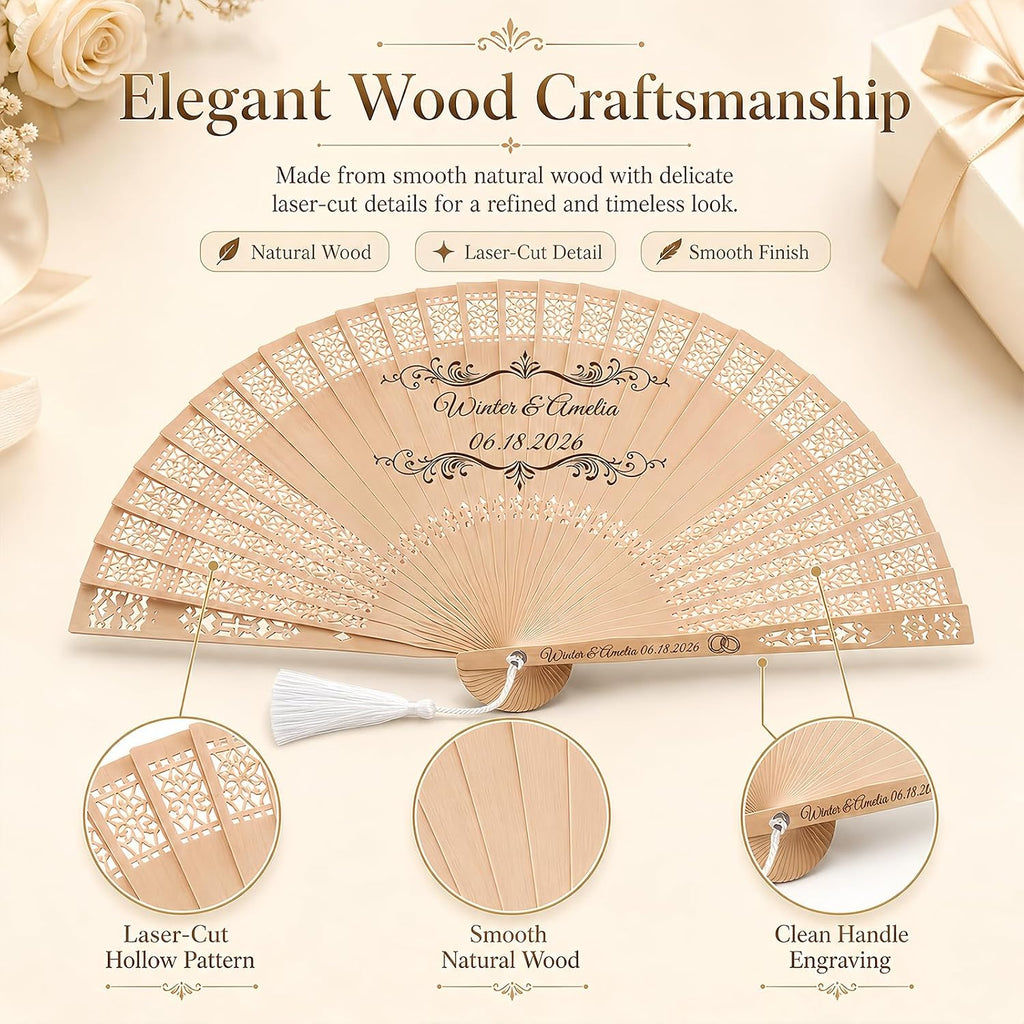 Personalized Wedding Fans for Guests Bulk– Custom Wooden Handheld Folding Fans for Wedding Favors, Baby Showers & Birthday & Party Gifts | Favors for Guests with Organza Bags & Tassels (30Pcs)
