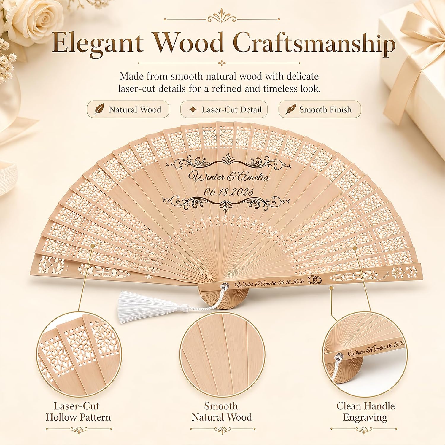 Personalized Wedding Fans for Guests Bulk– Custom Wooden Handheld Folding Fans for Wedding Favors, Baby Showers & Birthday & Party Gifts | Favors for Guests with Organza Bags & Tassels (30Pcs)