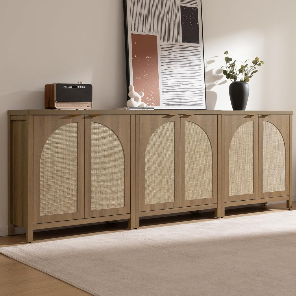 SICOTAS 68" W Rattan Sideboard Buffet Cabinet with Storage Set of 2, Mid Century Modern Credenza with Arch Doors & Shelves Farmhouse Coffee Bar Media Console Cabinets for Living Room, Entryway