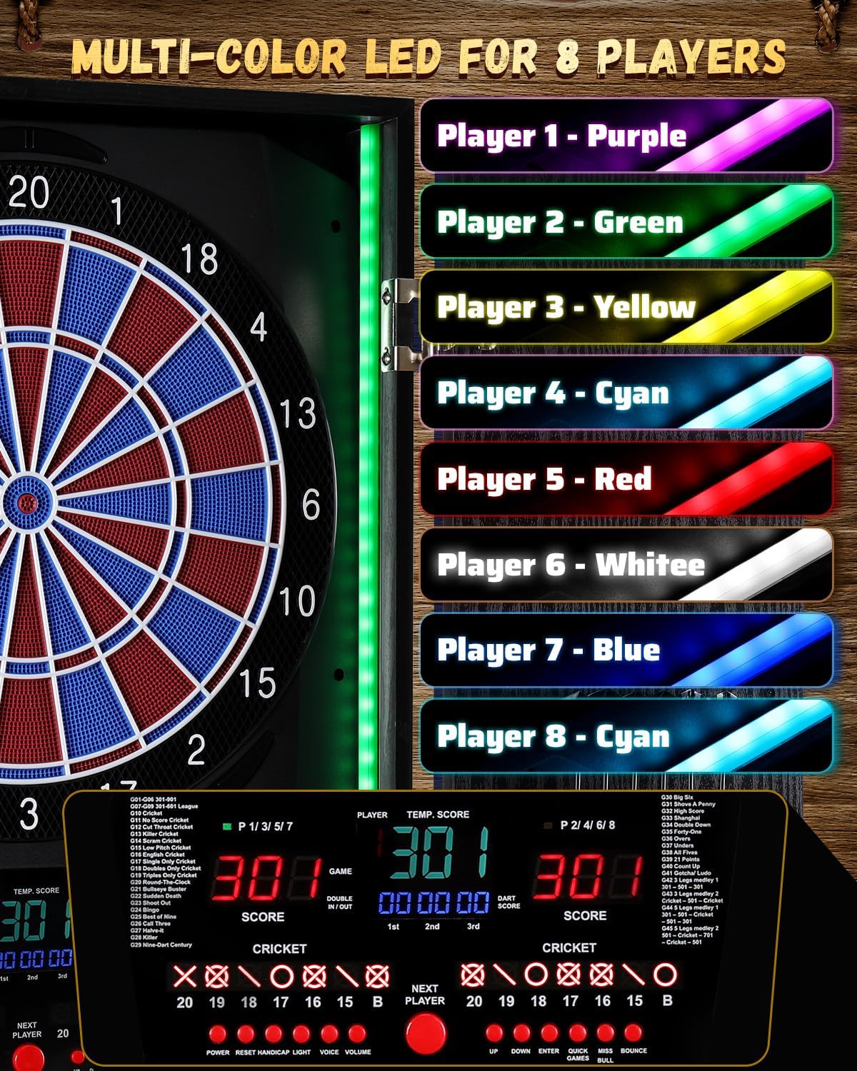 Electronic Dart Board, Electric Dartboard for Adults [12*Bronze Soft Tip Darts] 8-Color LED for 8 Players-Rustic Dart Board Cabinet for Home & Bar