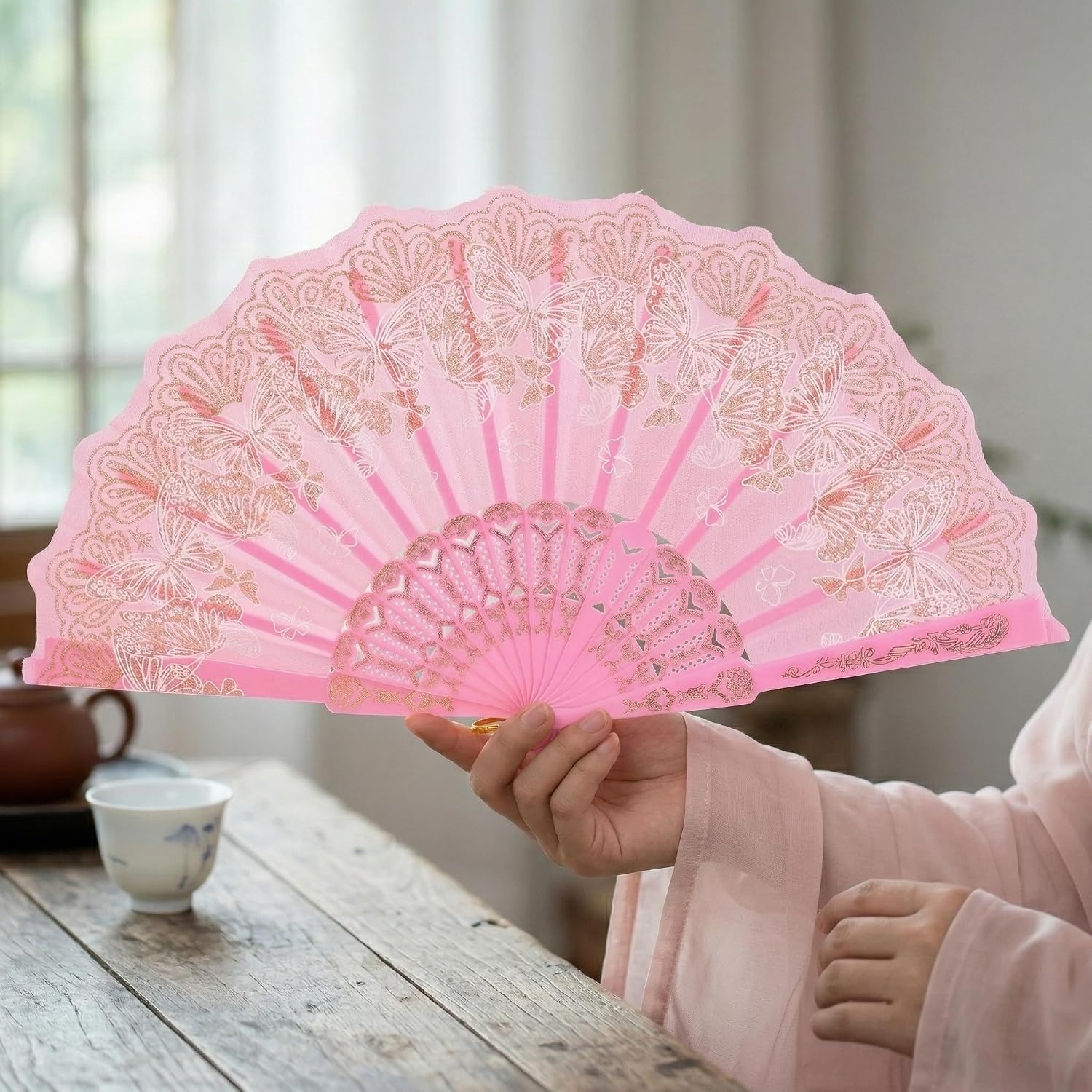 Butterfly Vintage Folding Fan Chinese Hand Fan Pink Cherry Blossom Dance Fan 24 cm for Hanfu Qipao Photo Props Stage Performance