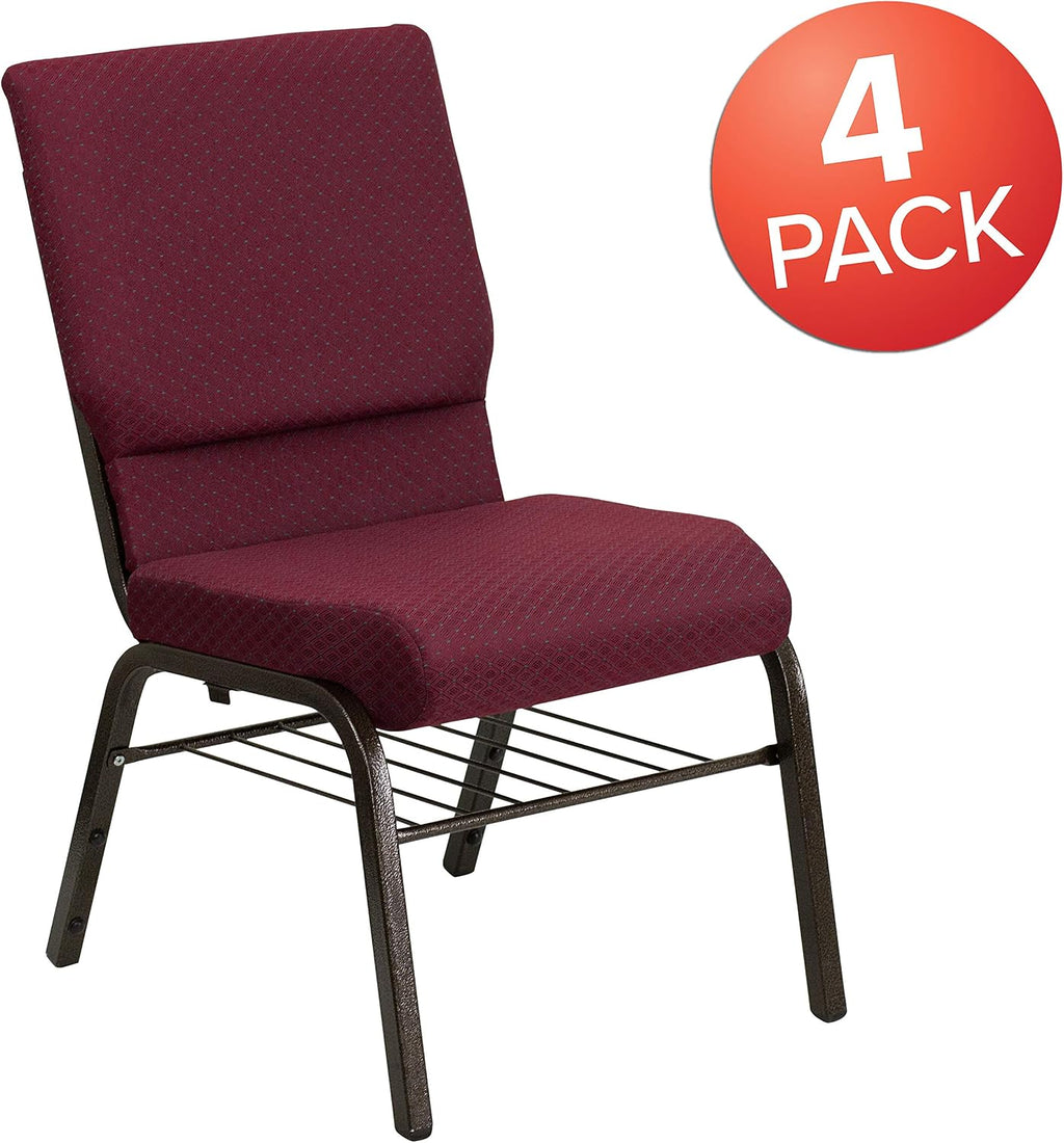 Flash Furniture 4 Pack HERCULES Series 18.5''W Church Chair in Burgundy Patterned Fabric with Book Rack - Gold Vein Frame