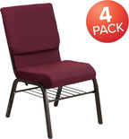 Flash Furniture 4 Pack HERCULES Series 18.5''W Church Chair in Burgundy Patterned Fabric with Book Rack - Gold Vein Frame