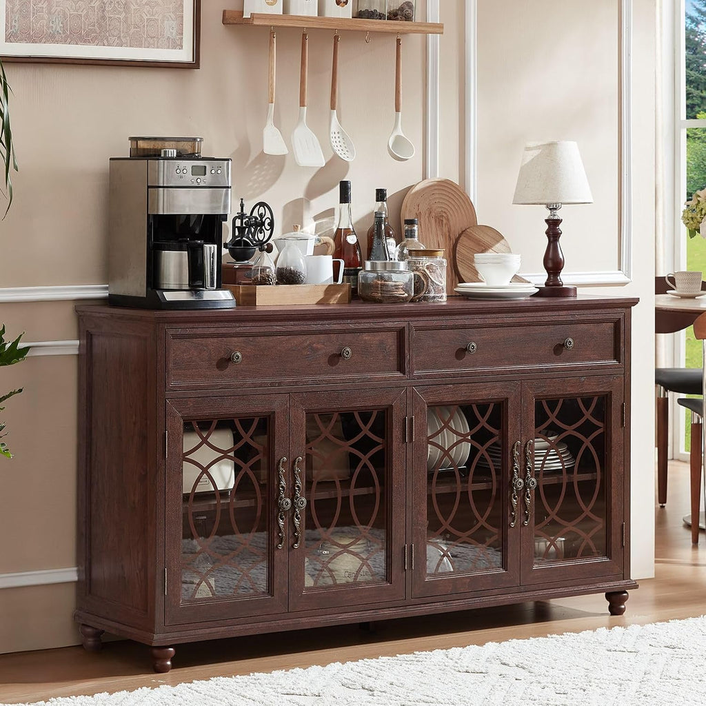 Joaxswe Farmhouse Sideboard Buffet Cabinet with Storage,59" Large Credenza with 4 Glass Doors & 2 Drawers,Adjustable Shelves Console Table,Wood Kitchen Coffee Bar for Dining Room,Living Room,Walnut