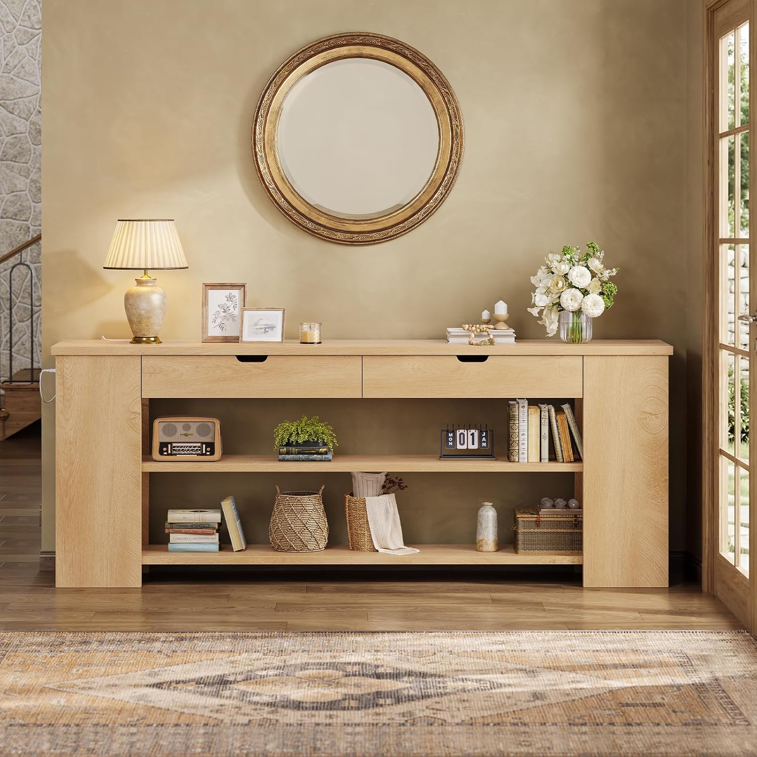 71.8 Inch Extra Long Console Table with Drawers, Farmhouse Long Console Table with Shelves & Built-in Outlets, Entryway Table with Storage for Living Room, Entryway, Hallway, Natural