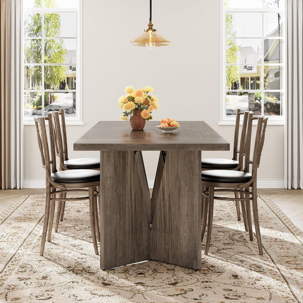 70.9'' Rectangular Dining Table for 6-8, Farmhouse Wooden Thickened Long Desk with Sturdy Frame and v Leg, Rectangular Kitchen Table for Dining Room, Kitchen, Living Room, Office, Grey