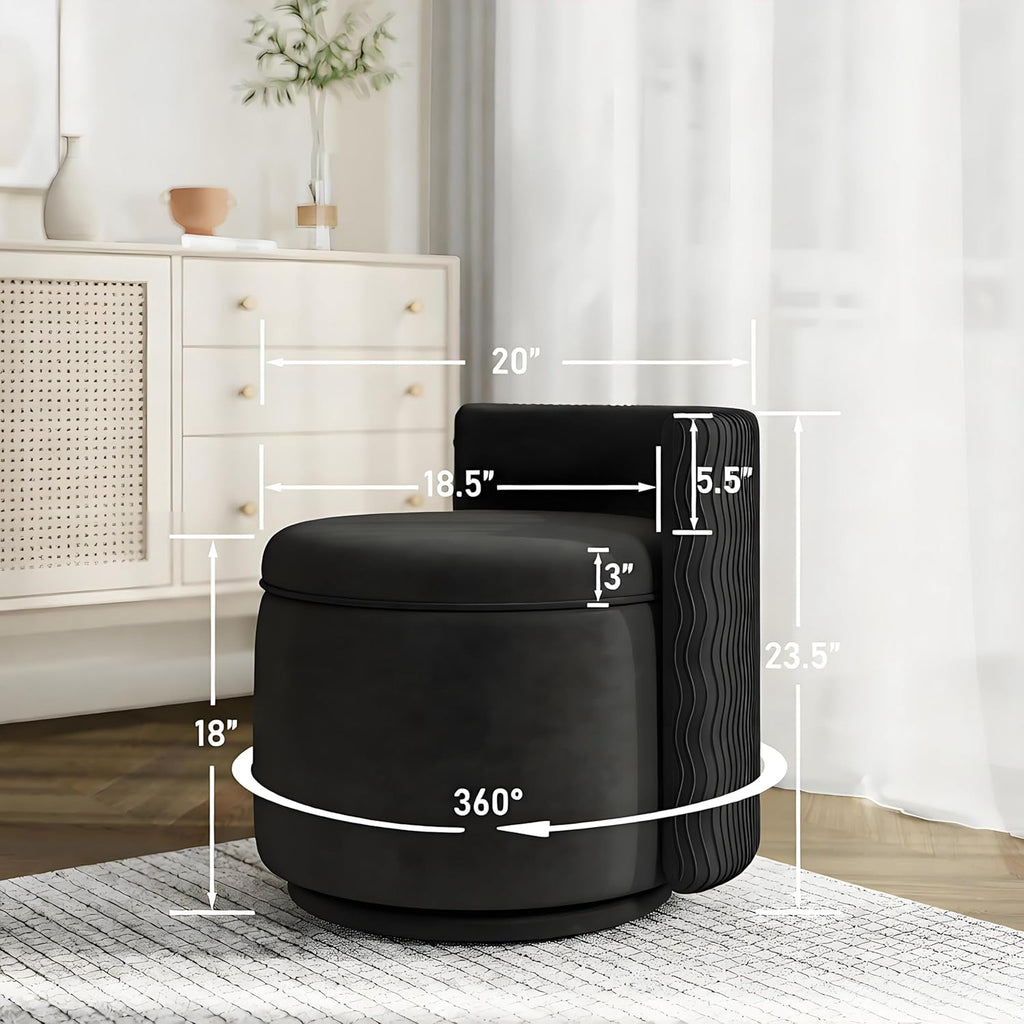 allamazing 360° Swivel Accent Chair with Storage, Vanity Stool with Back, Velvet Storage Ottoman, Upholstered Round Barrel Vanity Chair for Living Room, Makeup Room, Bedroom (Black)