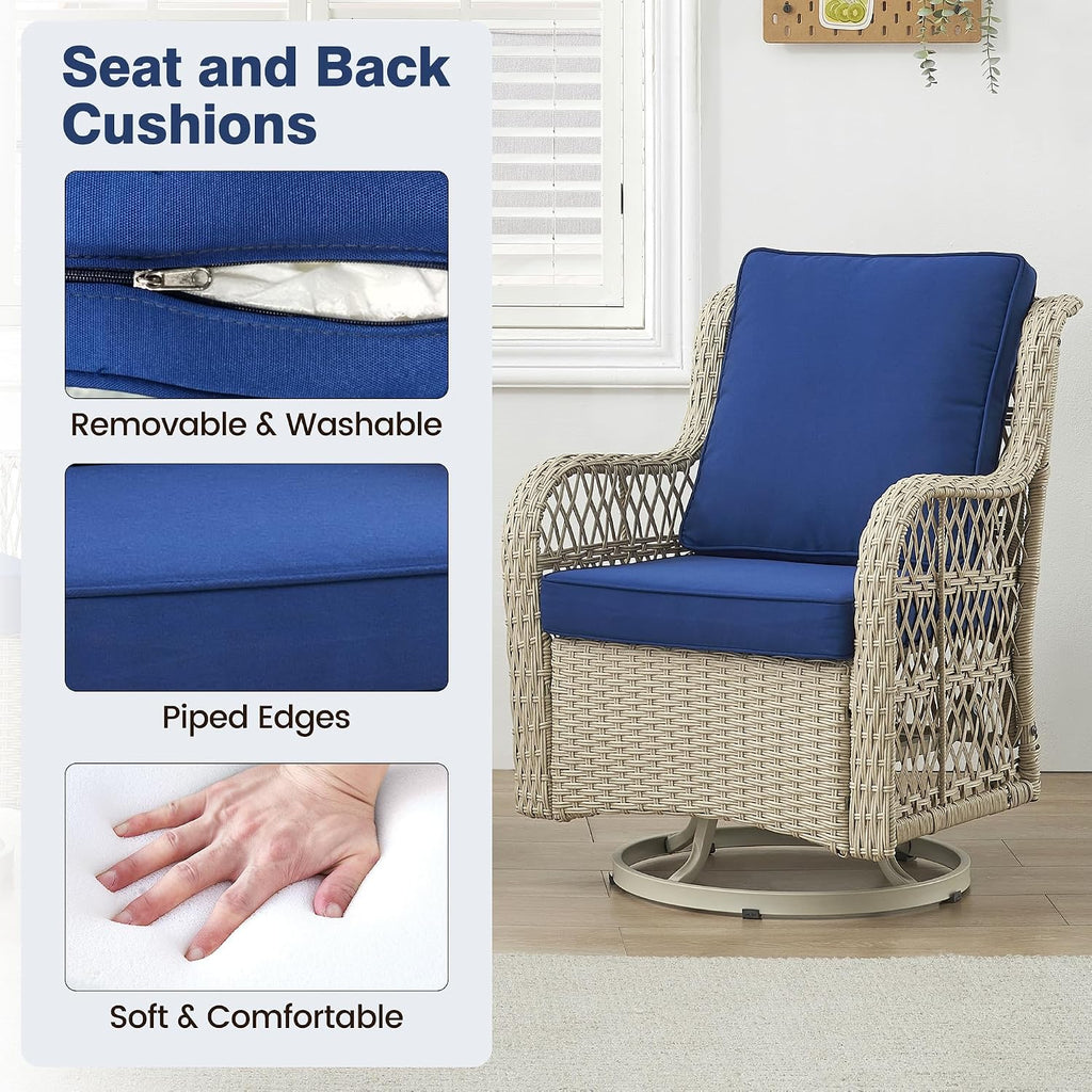 GarveeHome 3 Piece Outdoor Swivel Chair Set with Washable Cushions, 360 Degree Rotating Patio Armchairs, Iron Frame with Rattan Weaving, Compact Seating for Balcony Deck Garden, 4 Color Options