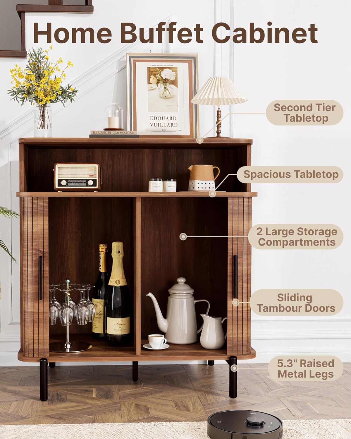 SUNCOZE Buffet Sideboard Cabinet with Big Storage Space, Fluted Coffee Bar Cabinet with Shelves, Modern Wood Console Cabinet for Kitchen, Entryway & Living Room (Walnut)