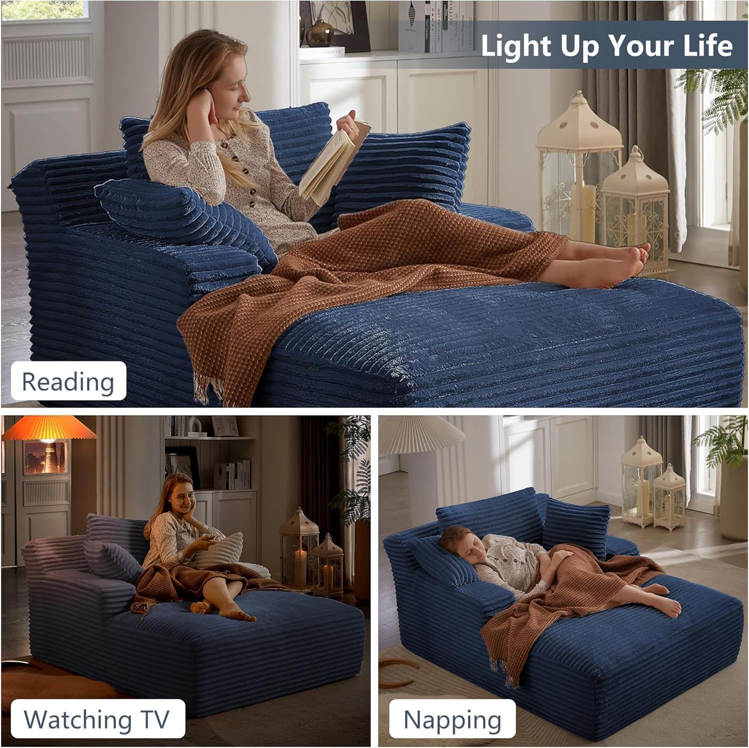 Oreada Oversized Boneless Chaise Lounge Chair Indoor, 66" Corduroy Oversized Comfy Reading Sleeper Chair Boneless Sofa Chaise Couch Bed with 3 Fluffy Pillows, No Assembly Required, Blue