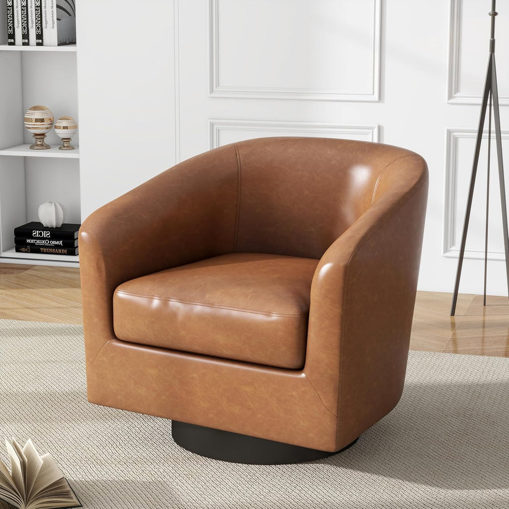 Faux Leather Swivel Barrel Accent Chairs Set of 2, Modern Upholstered Armchair Club Chair for Living Room, Round Arm Chair Bedroom Single Sofa Reading Seat - Brown