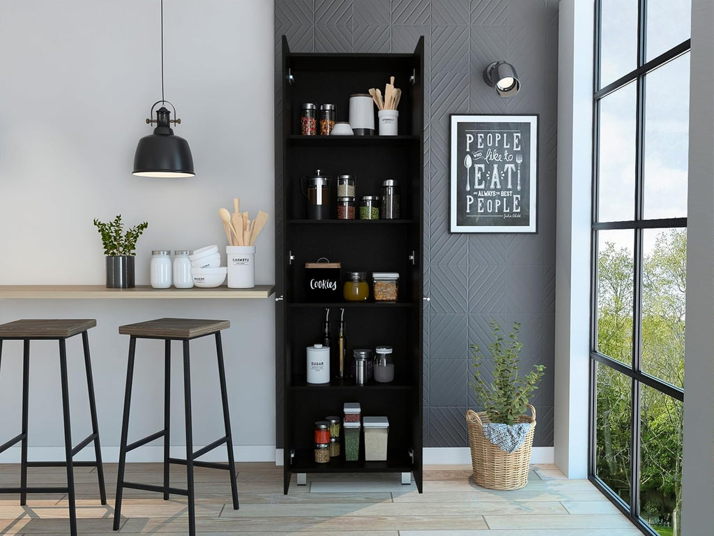 23.6" D*14.5" W*78.7" H Freestanding Kitchen Pantry with 4 Shelves, Double Door, Rectangular Storage Cabinet, Traditional, for Living Room, Dining Room, Black
