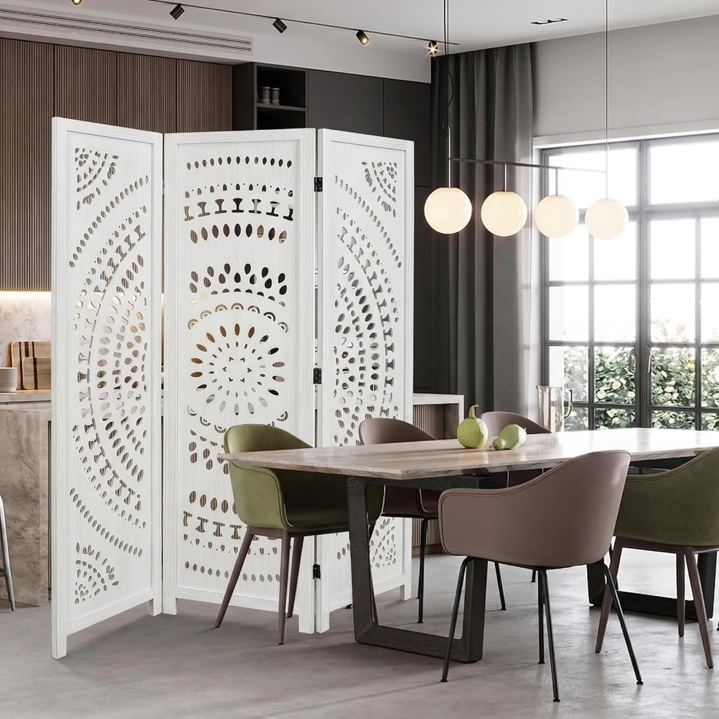 3 Panel White Room Divider, 67 Inch Wood Carved Privacy Screen, Bohemian Style Folding Room Divider, Portable Partition Wall Divider for Room Separation (White)